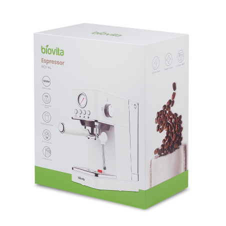 Espressor Biovita ROYAL, 1200W, 1.7L, 20 bari, carcasă inox, spumare, Alb Ivory