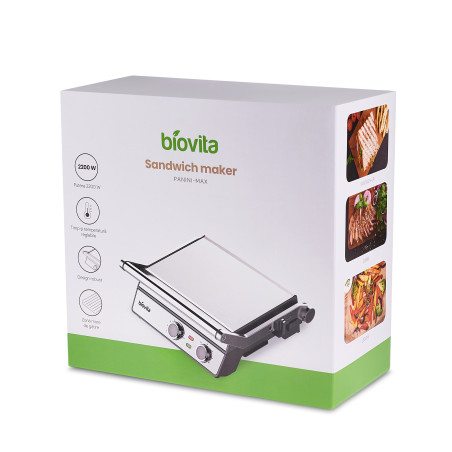 Sandwich maker, Biovita PANINI-MAX, 2200W putere, carcasa inox, ajustarea timpului si a temperaturii, cutie de carton