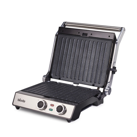 Sandwich maker, Biovita PANINI-MAX, 2200W putere, carcasa inox, ajustarea timpului si a temperaturii, placi ceramice