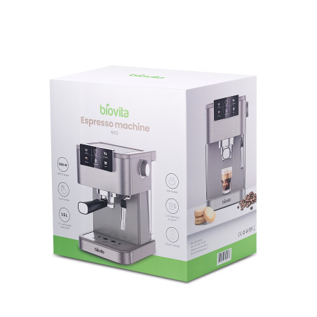 Espressor Biovita NEO, 1350W, functie cafea rece, 20 bari, 1.5L, afișaj digital, carcasă inox, cutie