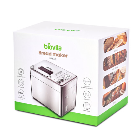 Masina de facut paine Biovita Baker, carcasa inox, 1 kg paine, cutie seminte, cutie de carton